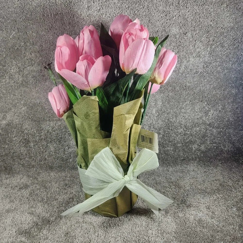 Spring Inspirations Potted Tulip Arrangement Pink Faux Floral Decor OS